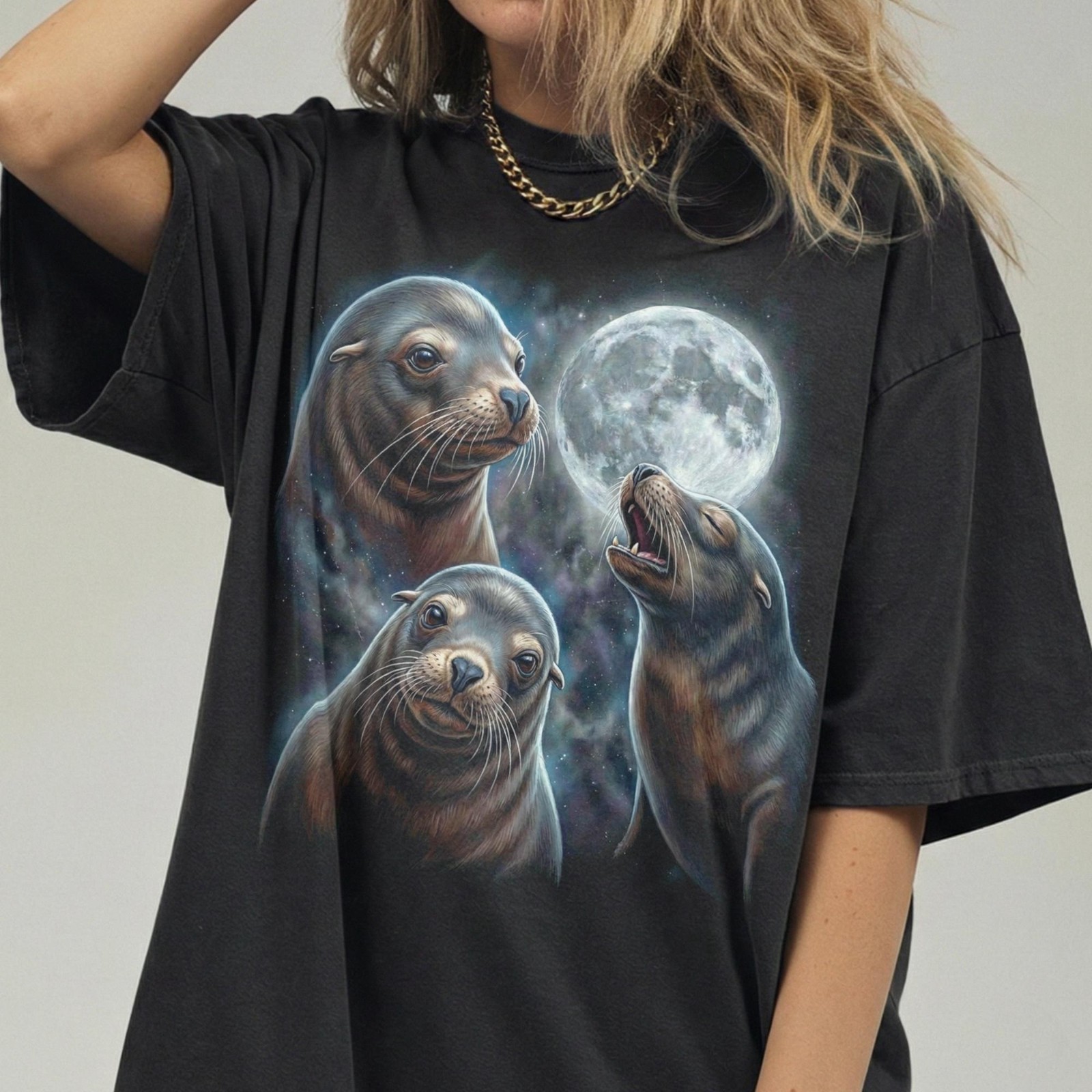 Three Sea Lion Moon Shirt, Seal Lover Gift, Vintage Sea Puppy Meme T-Shirt