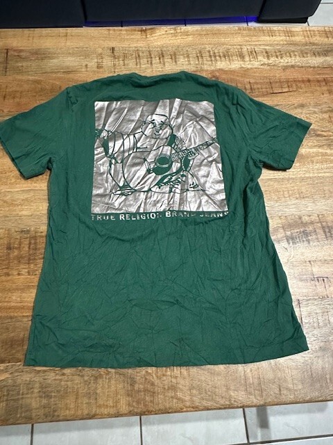 Mens True Religion Jeans Green Foil Silver T shirt 2 Double Sided Medium Buddha