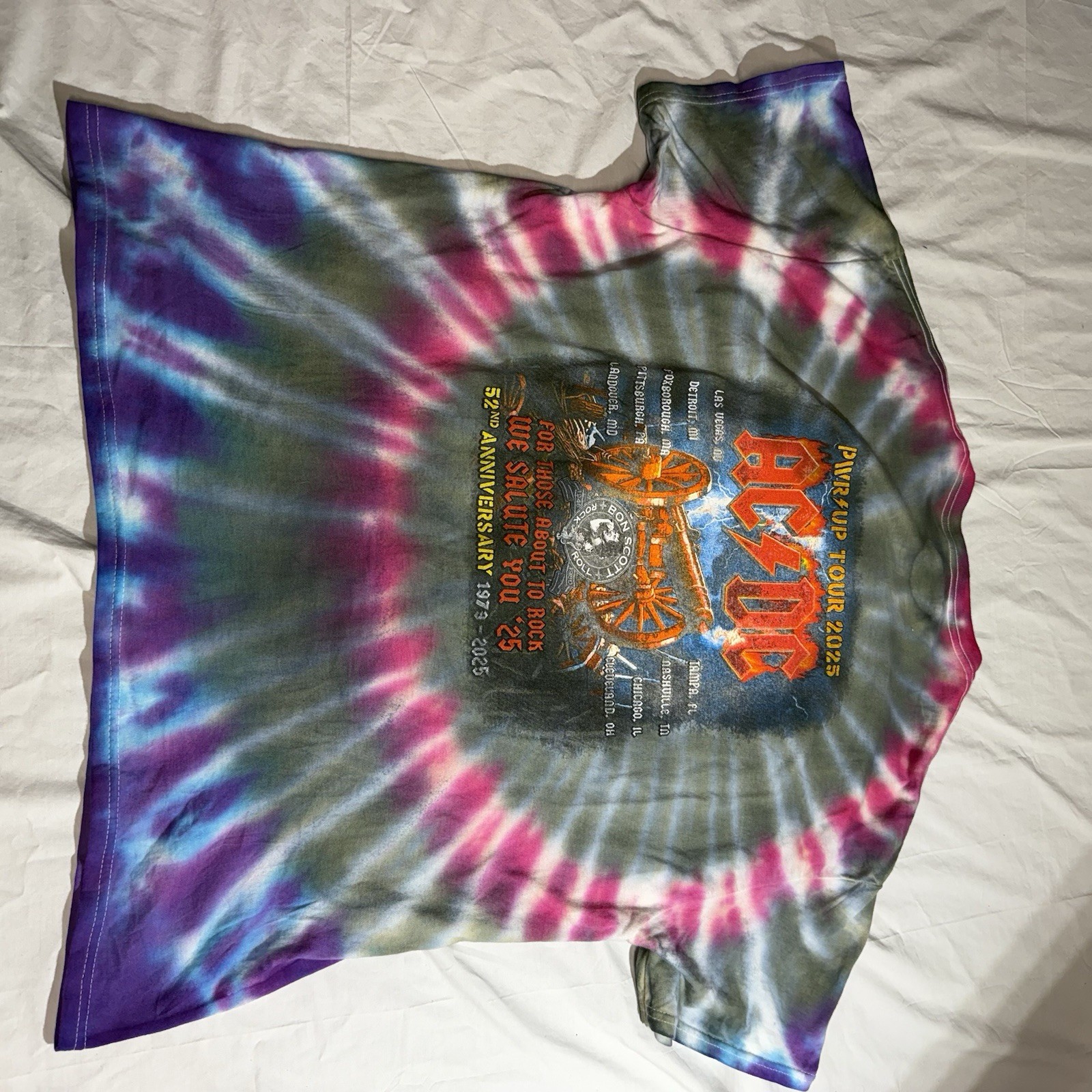 Rare AC/DC PWR UP 2025 Tour Tie Dye Tshirt 52nd Anniversary Men’s XL Angus Young