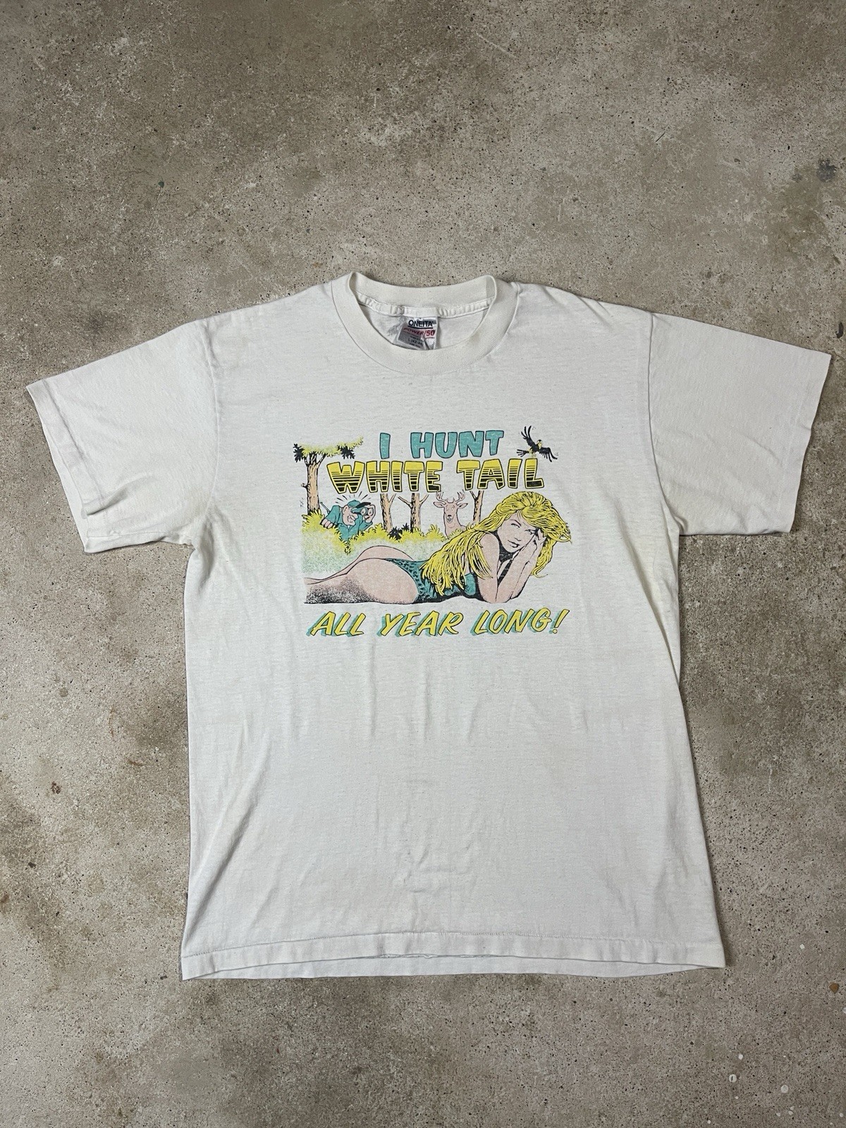 VINTAGE I HUNT WHITE TAIL ALL YEAR LONG T-SHIRT 90s PARODY HUNTING DEER FUNNY