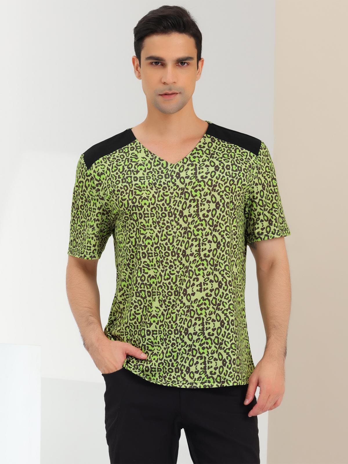 Men’s V Neck Animal Print Short Sleeves T-Shirt Tops Green Black S