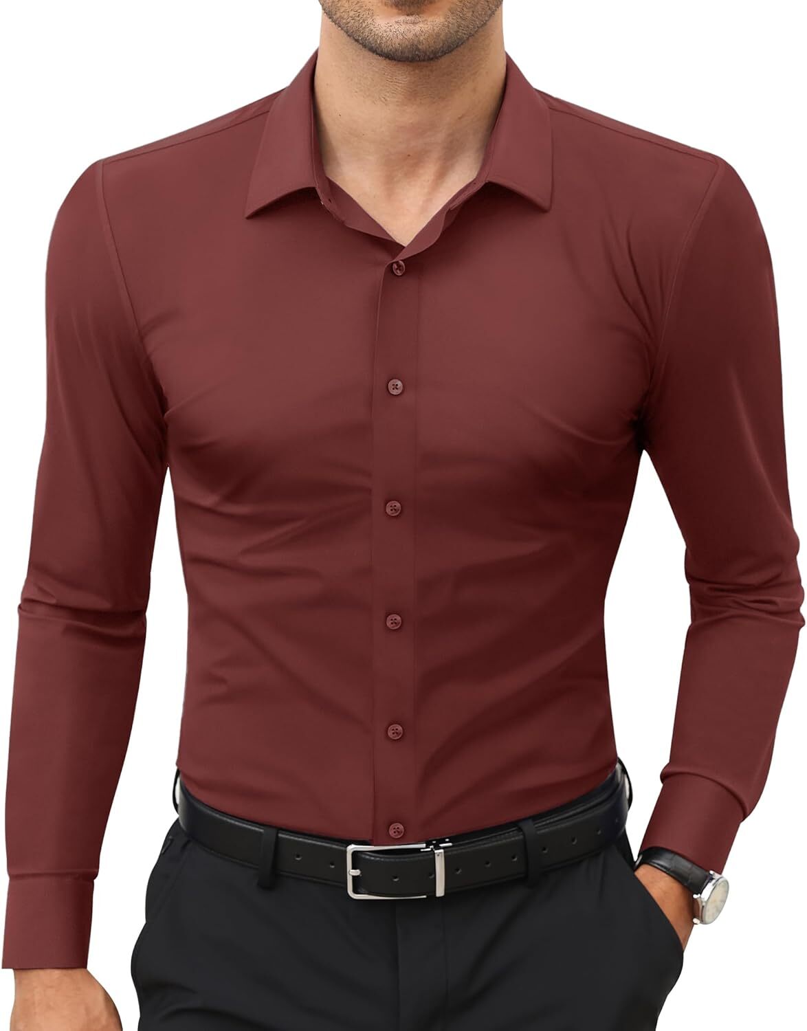 Stretch Slim Fit Wrinkle Free Long Sleeve Dress Shirt for Men Button Down