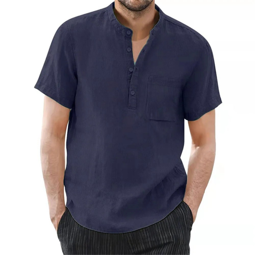 Mens Cotton Linen T Shirt Casual Short Sleeve Breathable Summer Solid Top