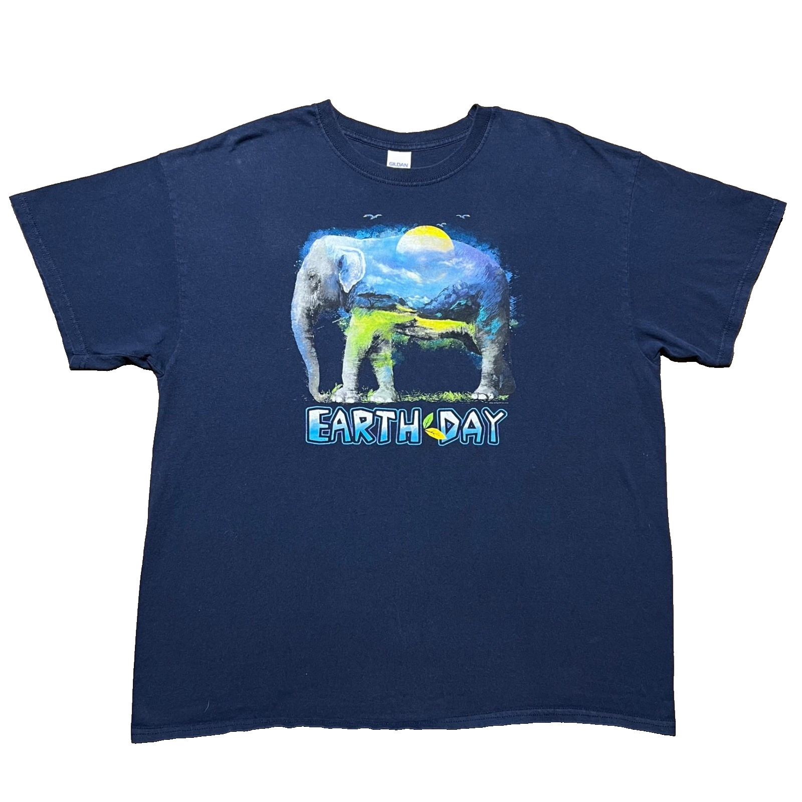 Vintage Earth Day Elephant Graphic T Shirt Mens XL Navy Blue Cotton Nature Tee