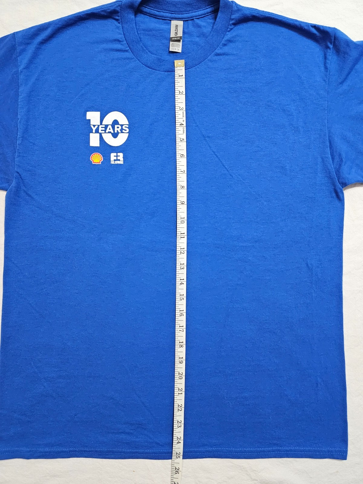 Shell 10 Years FR Fuel Reward Gas Blue Tee Shirt Size L Hot Rod Racing Sponser