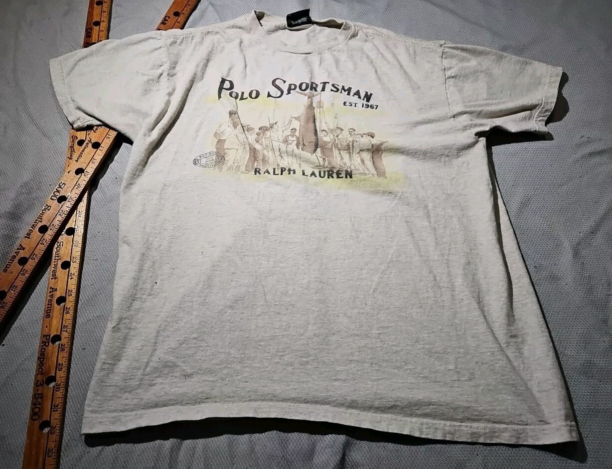 Vtg Polo Sport Shirt Mens Large Beige Sportsman Fishing Preppy Graphic Tee Y2k