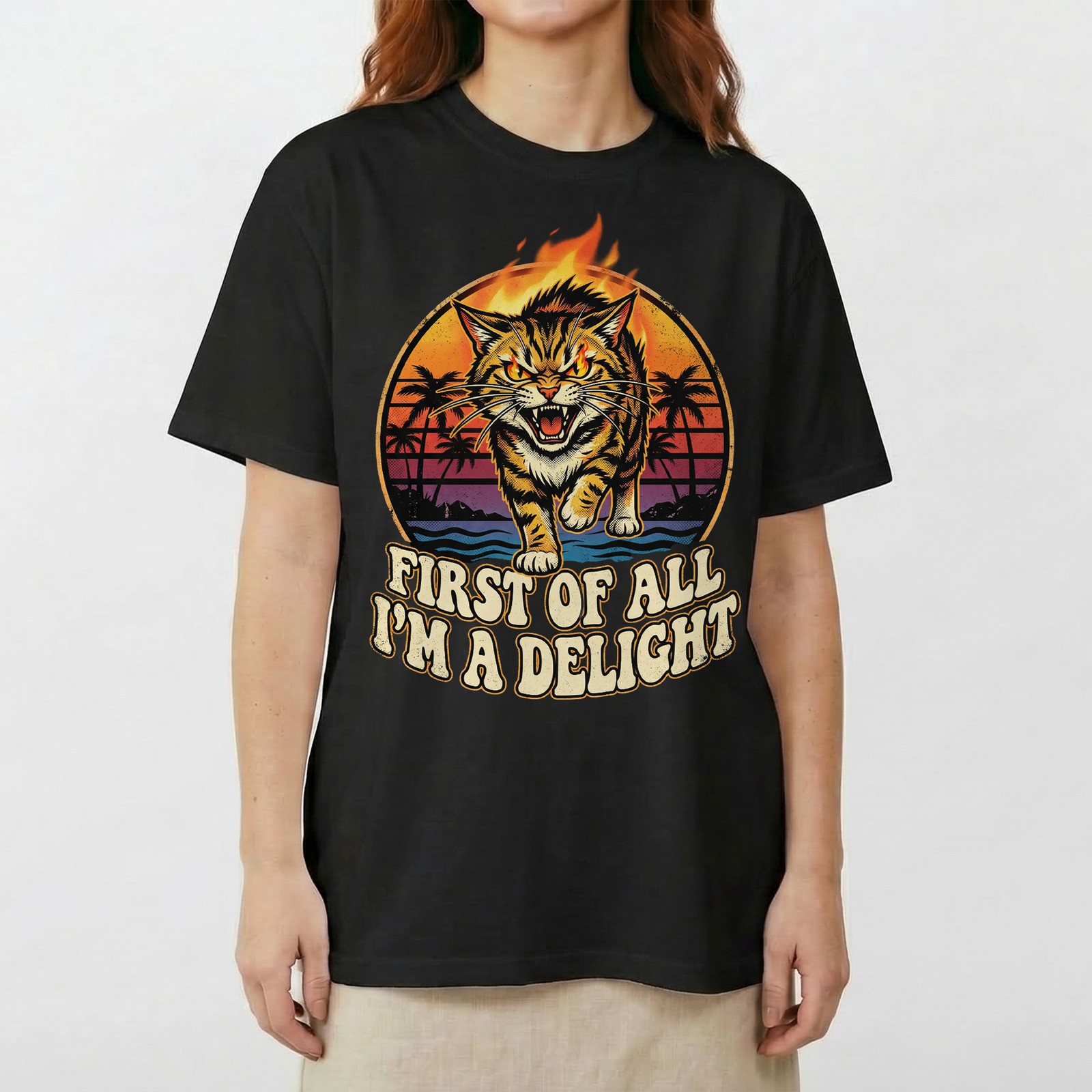 Angry Tiger Fire Eyes Tropical Beach Tee Retro Sunset Palm Trees T-Shirt