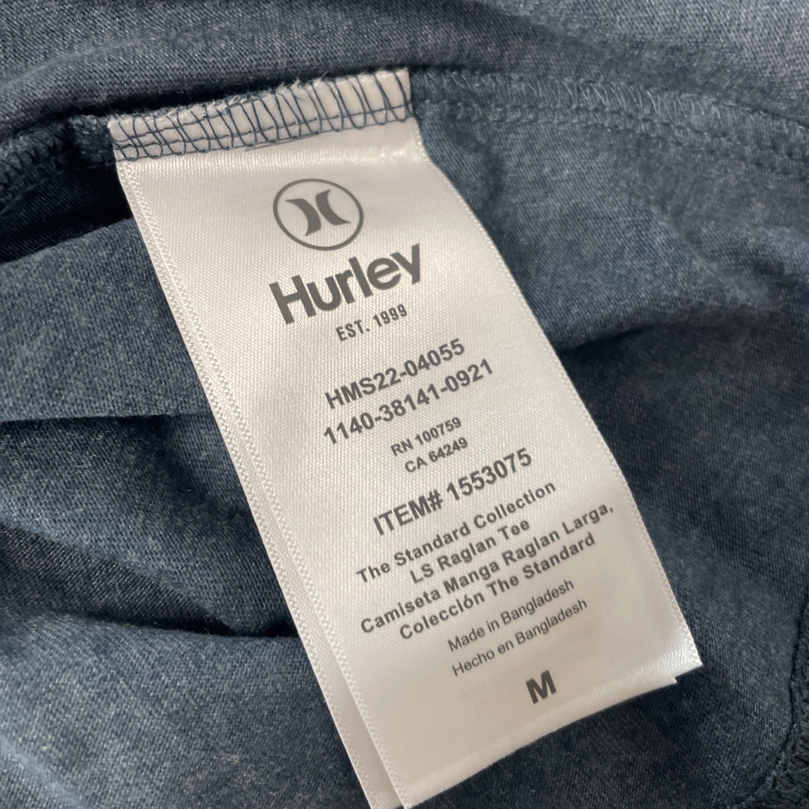 HURLEY Men’s Raglan Tee Shirt Colorblock Long Sleeve Pullover BLUE/GRAY MEDIUM