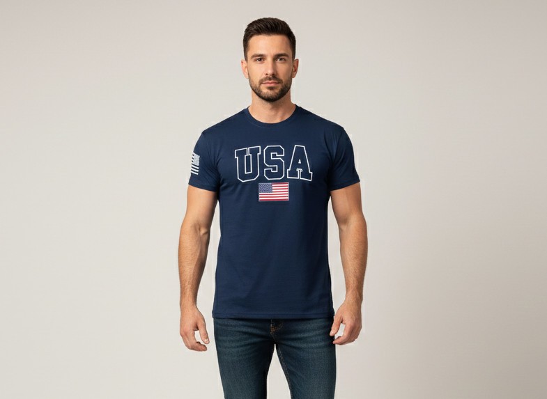 USA Flag Navy Blue T-Shirt – Patriotic American College Style Tee