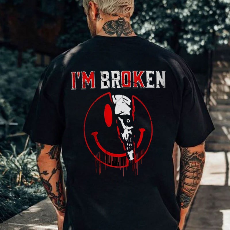 I’M BROKEN Emoji Skull Black Print T-shirt