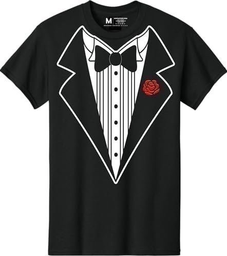 Men’s Funny Tuxedo T-Shirt Black Rose & Bowtie Bachelor Party Tux Tee Shirt