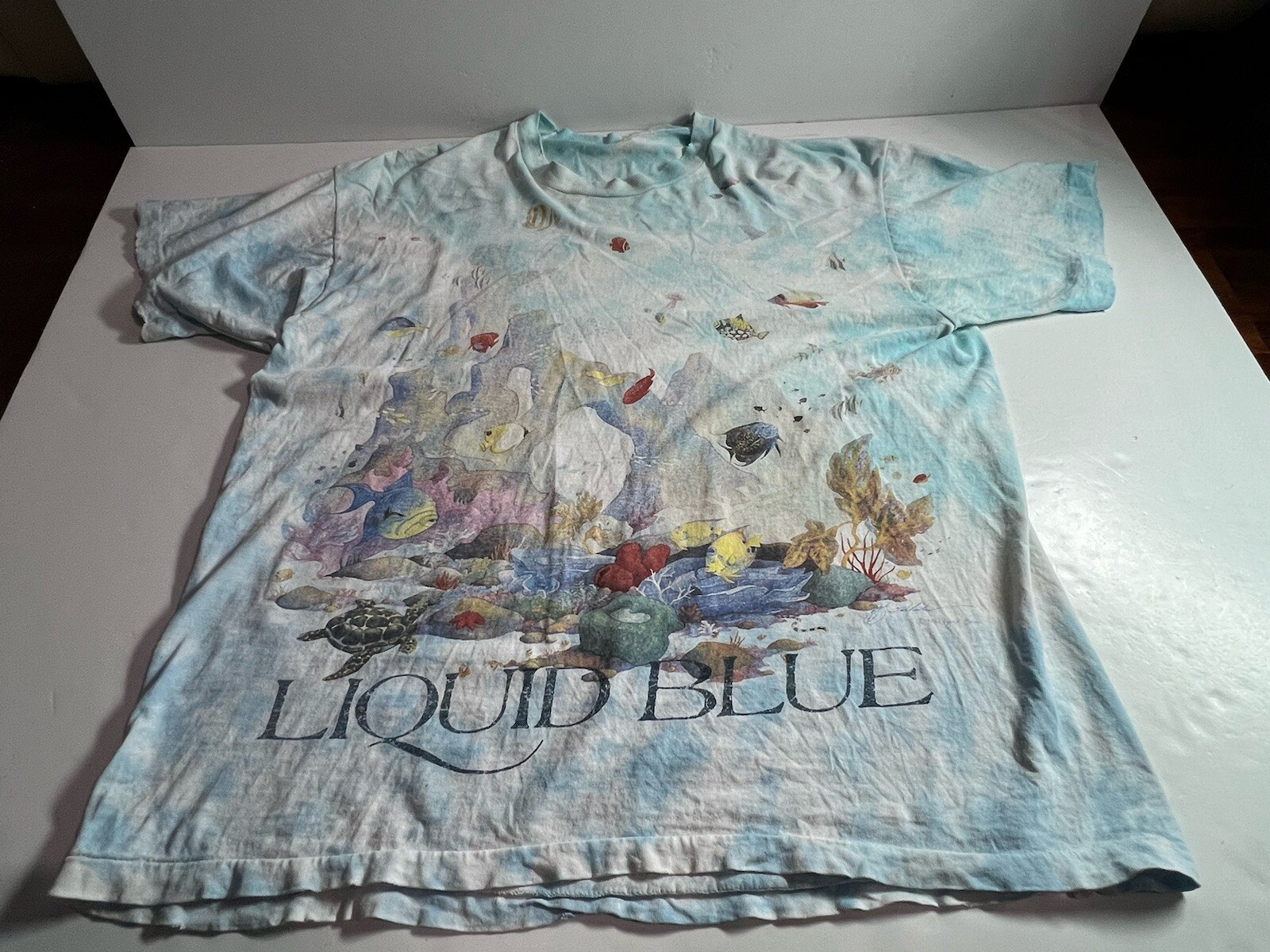 Vintage Liquid Blue Shirt Mens L Coral Reef Aquatic Ocean Fish AOP 90’s Thrashed