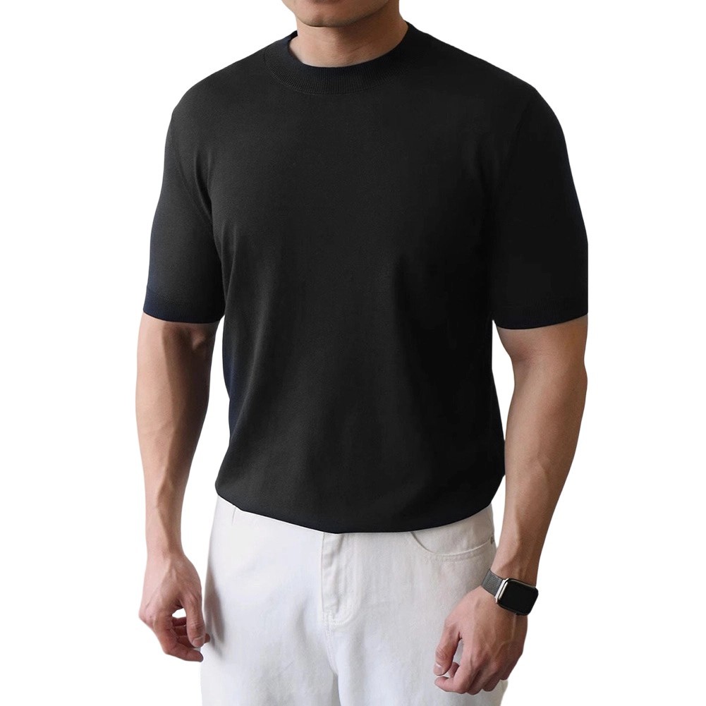 Mens Knitted Half-High Collar Short Sleeve T-Shirt Casual Slim Knit Pullover Top