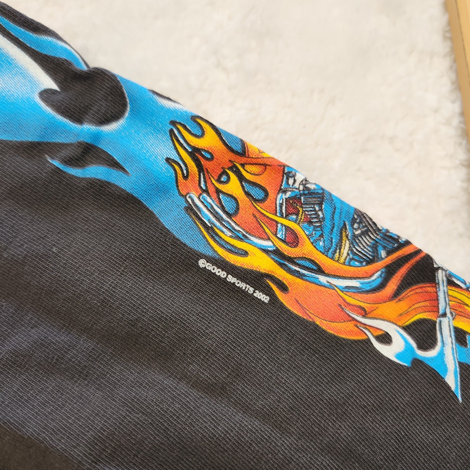 Y2K Flaming Skeleton Biker Graphic LS Shirt Lightning Clothing size Large