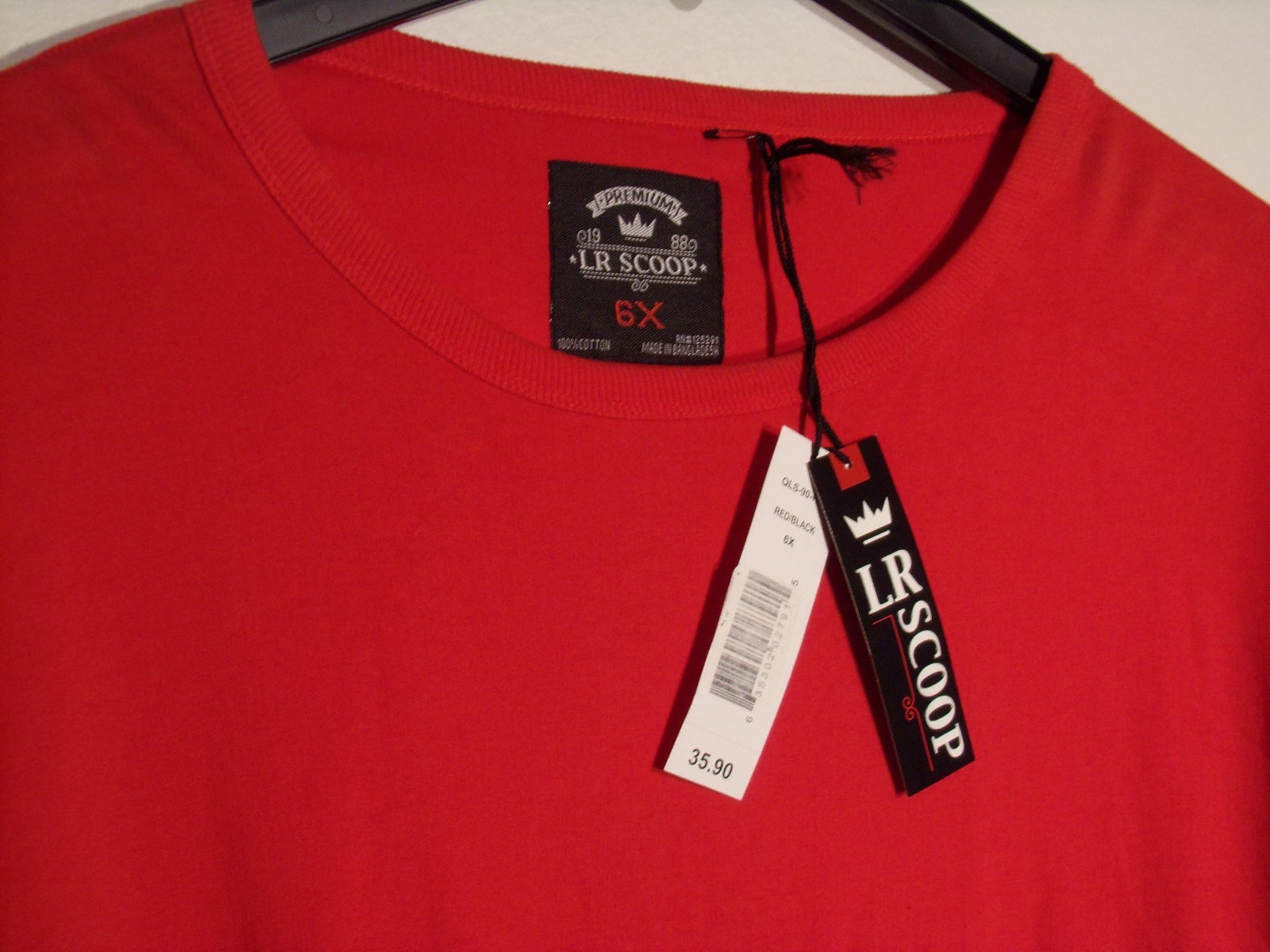 NWT MEN’S 6XL LR SCOOP PREMIUM RED BLK LONG SLEEVE P/O QUILTED TEE T-SHIRT #1390