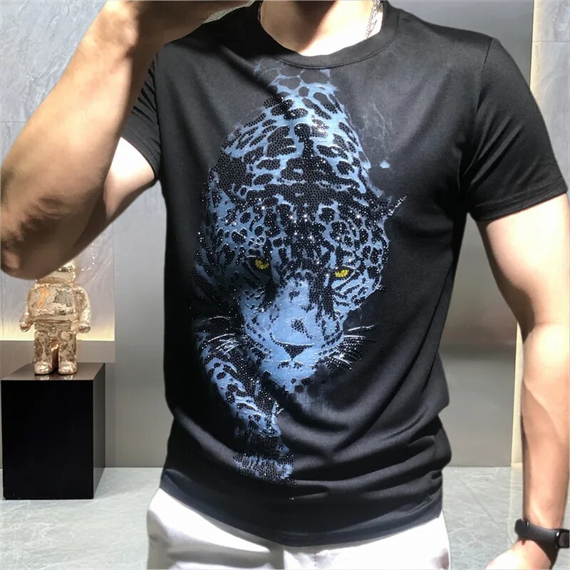 New Men Luxury Leopard Rhinestones Fashion Black White T-Shirt High Quality