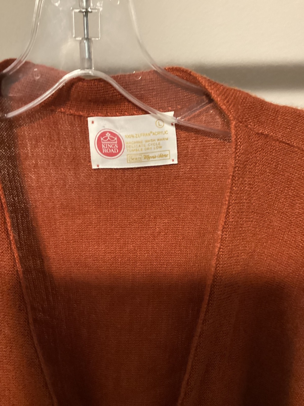 70s Lg Mens Kings Road acrylic rust orange cardigan old man Kramer sweater shirt