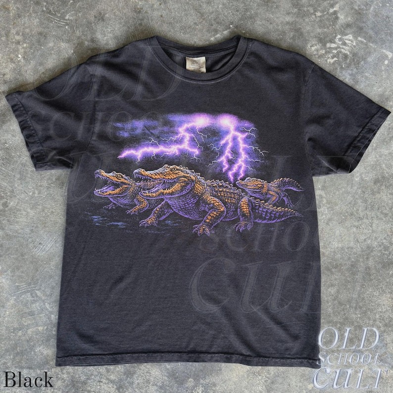 Vintage 90s Alligator Lightning Graphic T-Shirt Retro Gator Swamp Tee