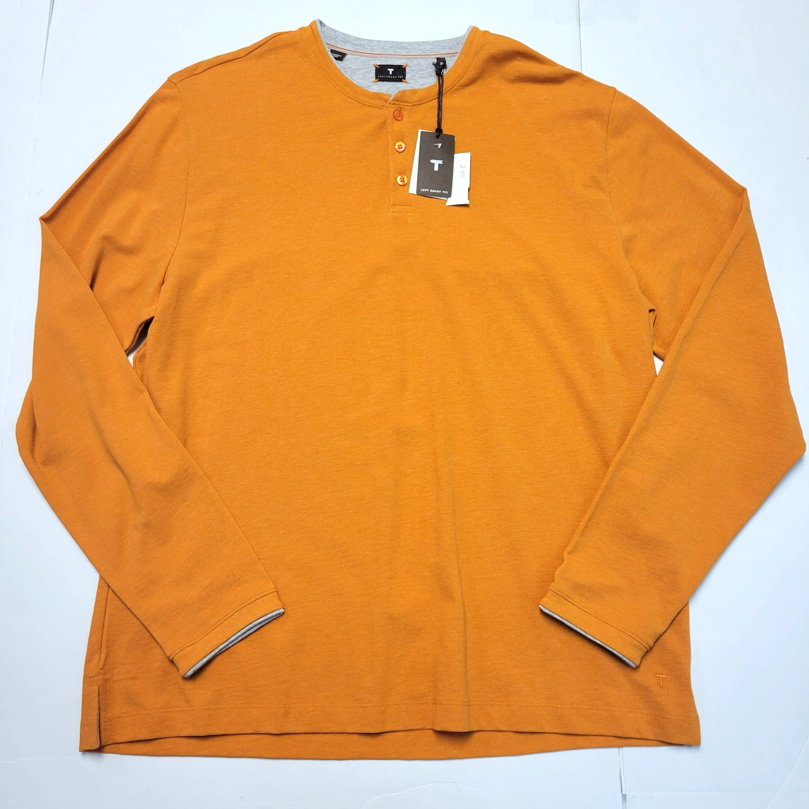 $135 New LEFT COAST TEE Henley Collared L/S Shirt Men XL X-LARGE Orange COTTON
