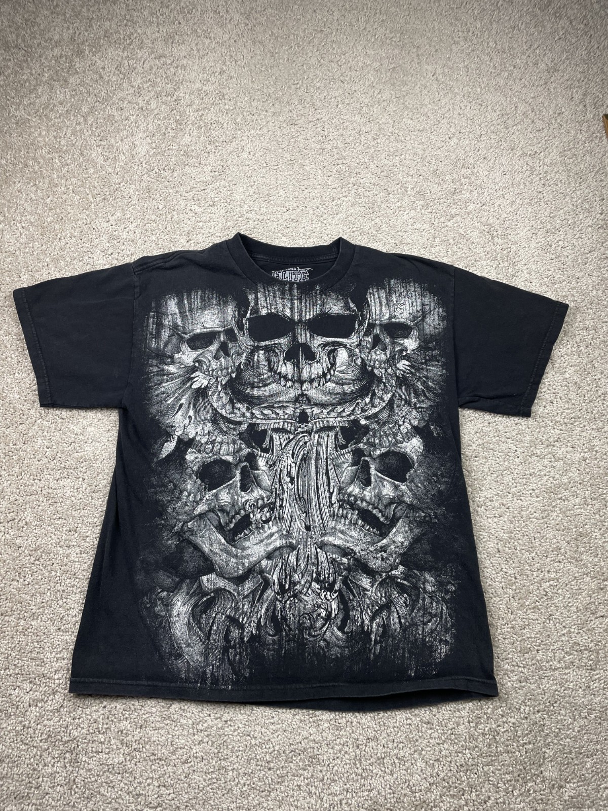 VTG MMA Elite Graphic T Shirt Mens Large Black Grunge Cyber Cross Skull Chrome