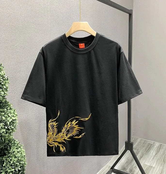 Men’s Premium Phoenix Embroidery Cotton T-Shirt Slim Fit Short Sleeve Tee