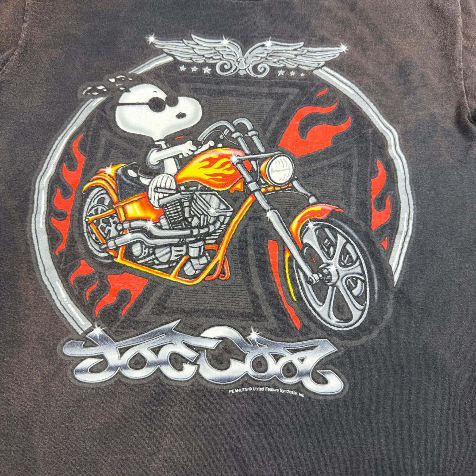 Vintage Peanuts Joe Cool Snoopy Biker Motorcycle Graphic T-Shirt Black Mens M