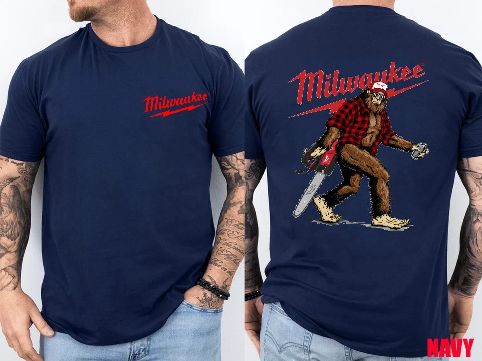 Bigfoot Milwaukee Power Tool Chainsaw Blue Collar Lumberjack 2 SIDE T-Shirt
