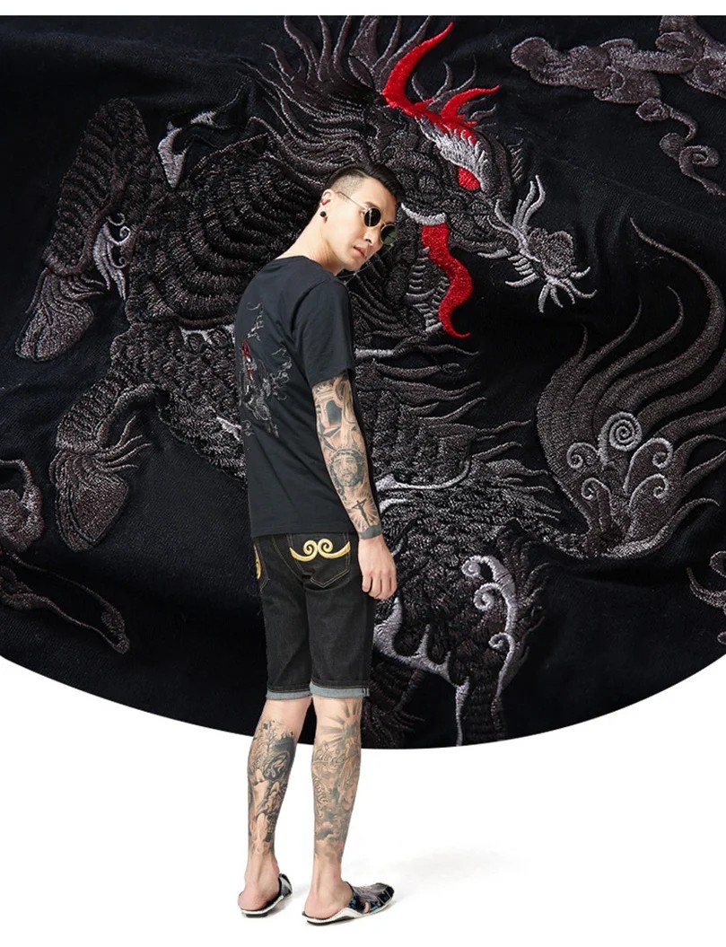 Men Embroidered Mythical Beast T-Shirt Sukajan Cotton Short Sleeve Hip Hop Tee