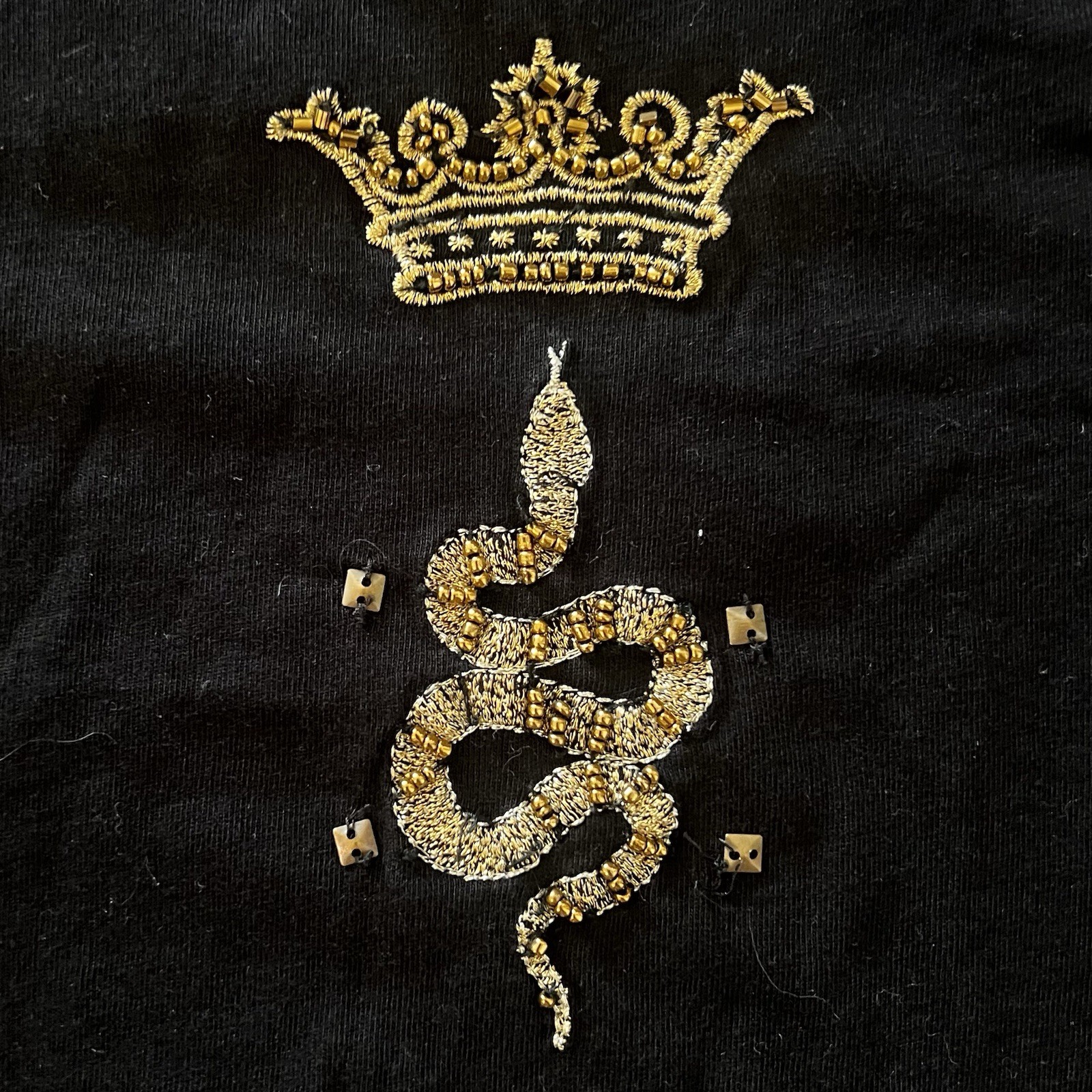 ZARA Man Black Beaded Sequin Snake Crown Embroidered T-Shirt Size M