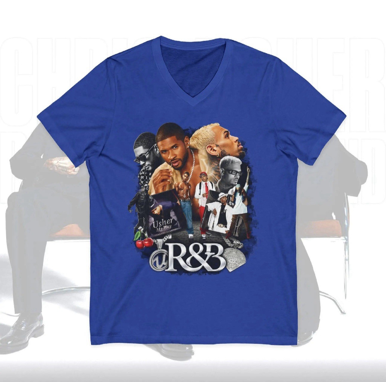 Brand New Blue Chris Brown and Usher V Neck R&B Tour 2026 T-Shirt XXXLarge.