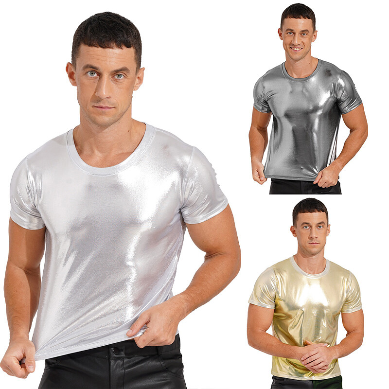 Mens Tank Vest Athletic T-shirt Festival Tops Stretchy Sport Tops Shiny Workout