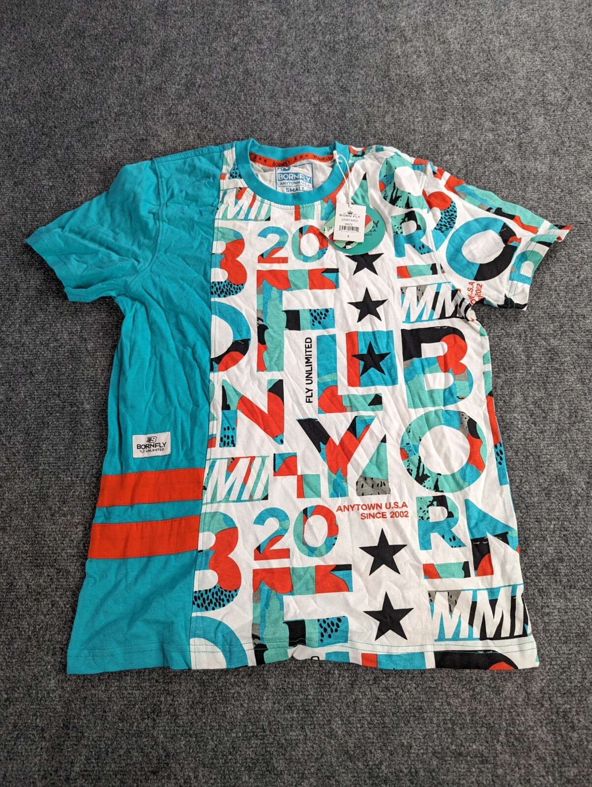 Born Fly T-shirt Mens Small Teal & White Anytown USA NWT
