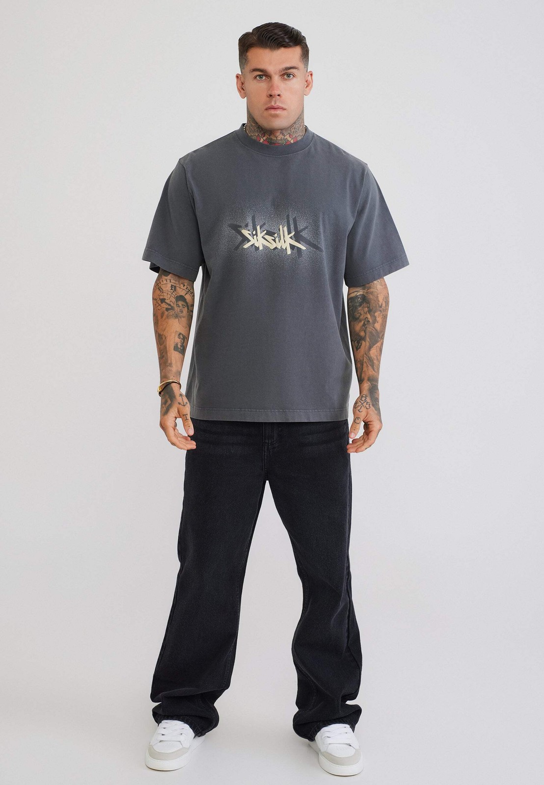 SikSilk Men’s Oversized Fit Drop Shoulder Graphic T-Shirt Tee Grey