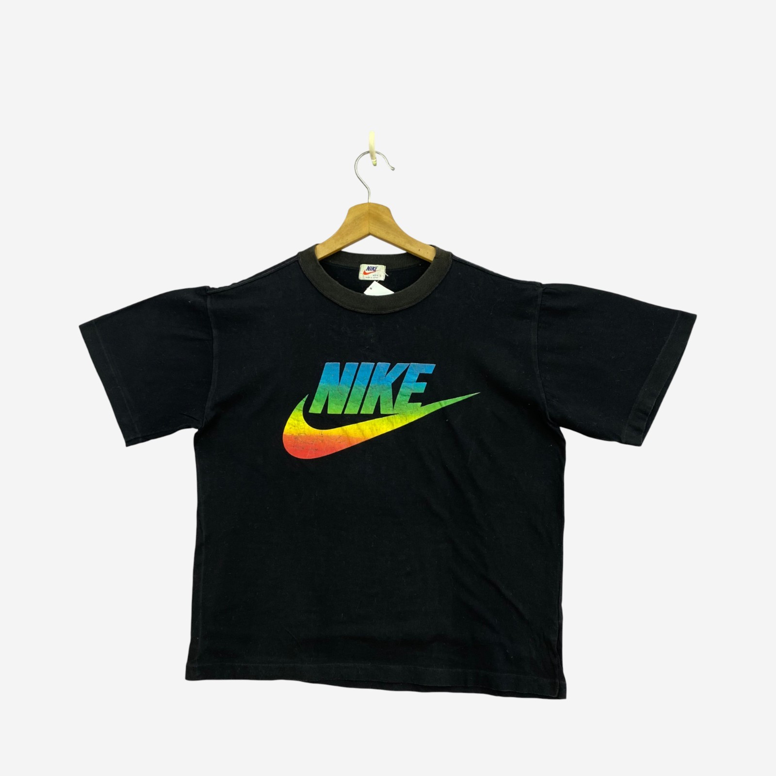 Vintage 80s 90s Nike Swoosh Rainbow T-Shirt Nike Sportswear Black Tee Size M