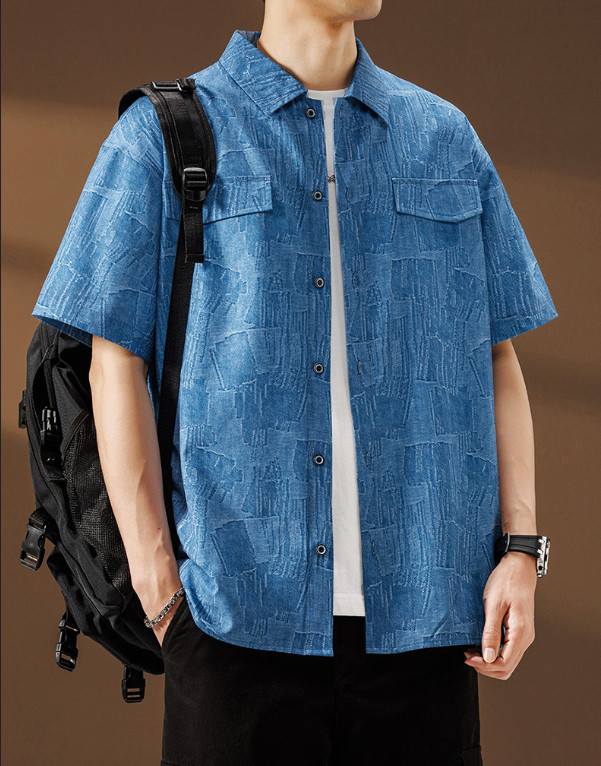 Men’s new printed square neck short sleeved shirt casual shirt