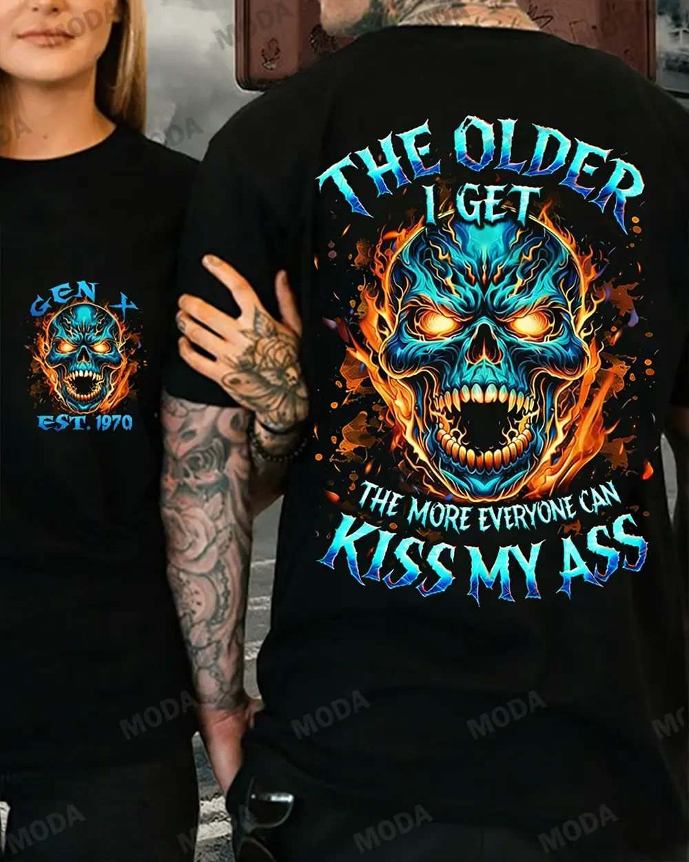 Custom Skull Flaming Skull Funny Quote Gothic Graphic Biker T-Shirt Unisex Tee