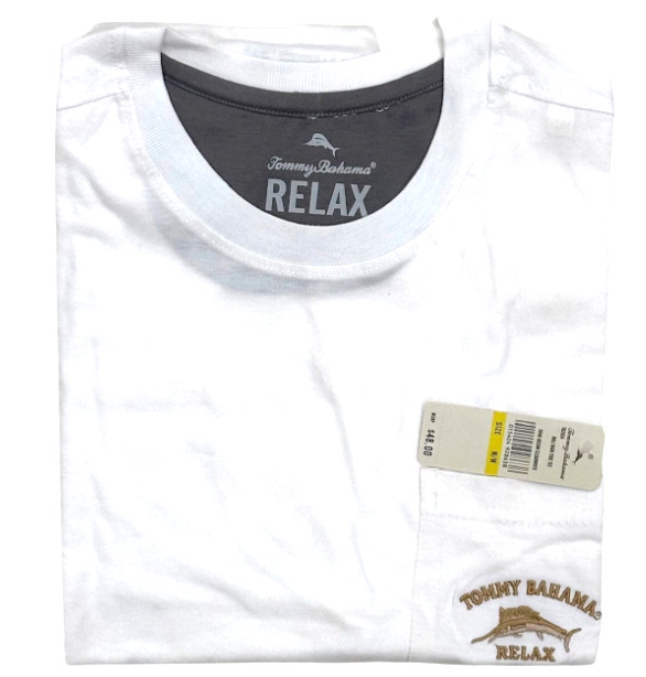 $48 TOMMY BAHAMA Embroidered Logo WHITE Relaxed Fit Short Sleeve Pocket T-shirt