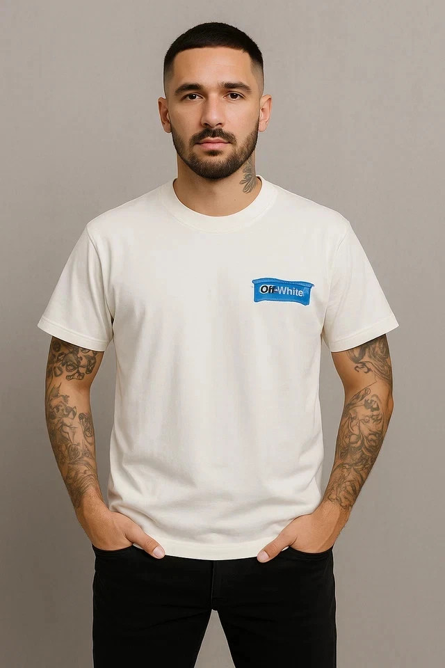 Off White White Blue Logo T-Shirt Men’s Oversized Streetwear 100% Cotton