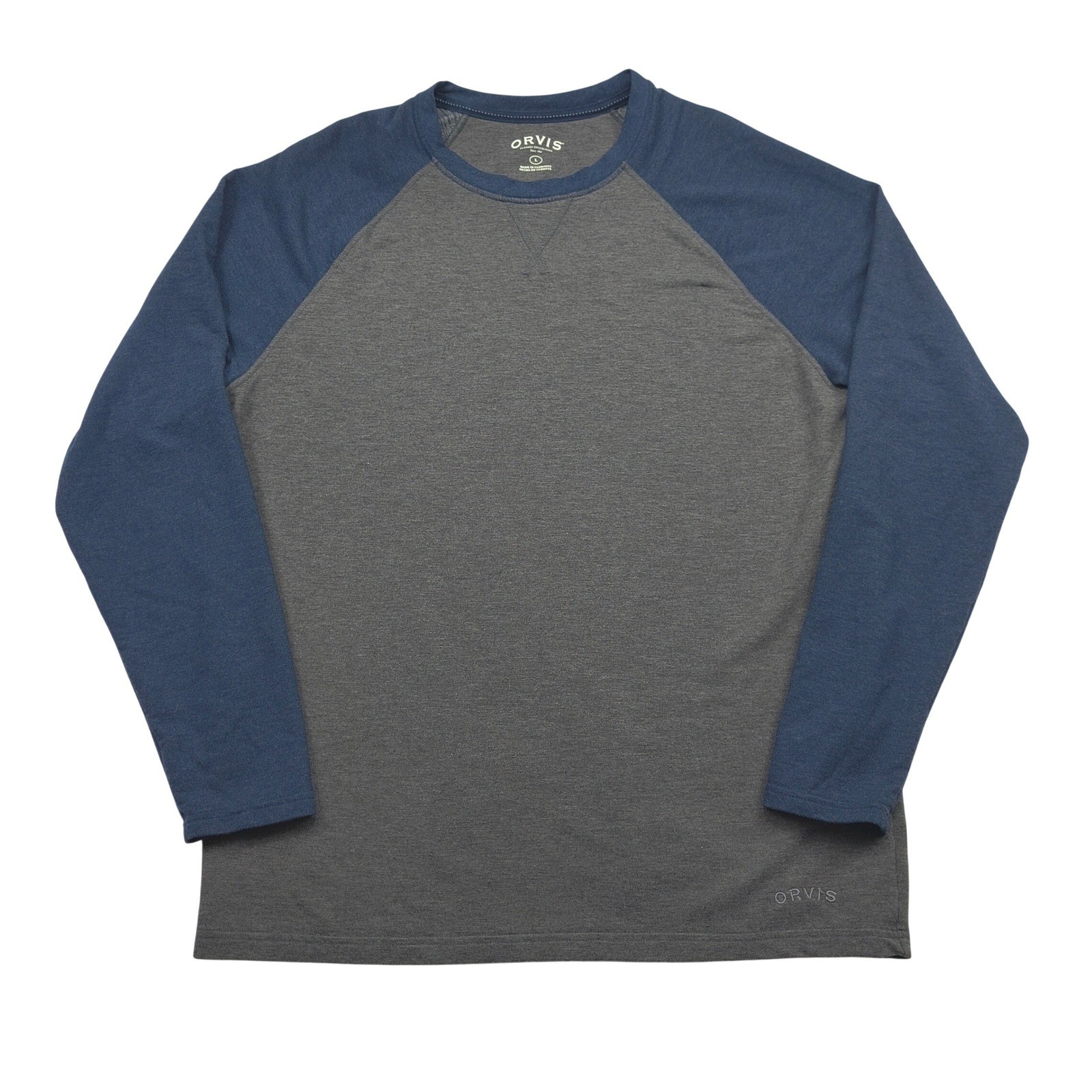Orvis Mens Large Gray Blue Raglan Long Sleeve Crew Neck T-Shirt 1225440 Stretch