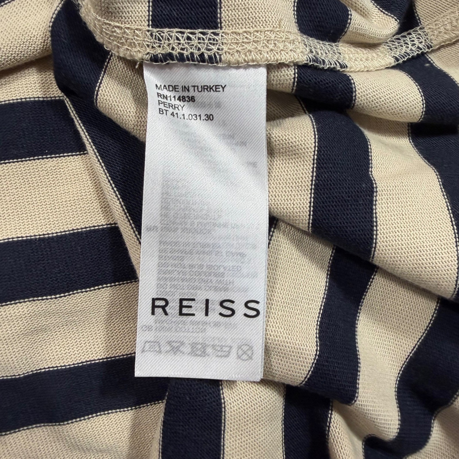 Reiss Perry Mens Long Sleeve Shirt L Striped Pocket Navy Tan Cotton Nautical