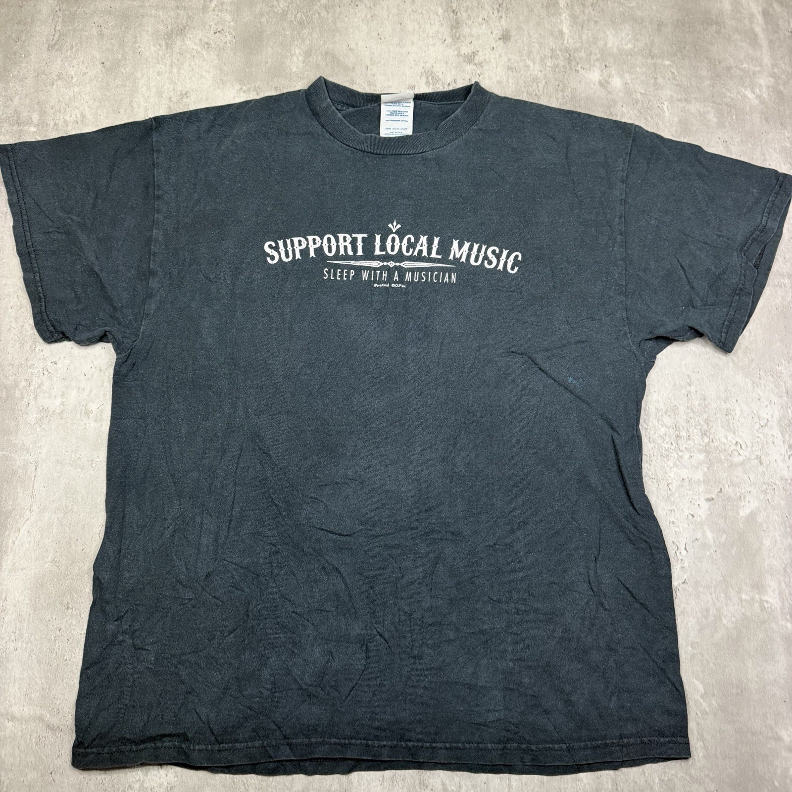 Y2K Humor Tee Shirt Support Local Music Sleep with A Musician Large Black