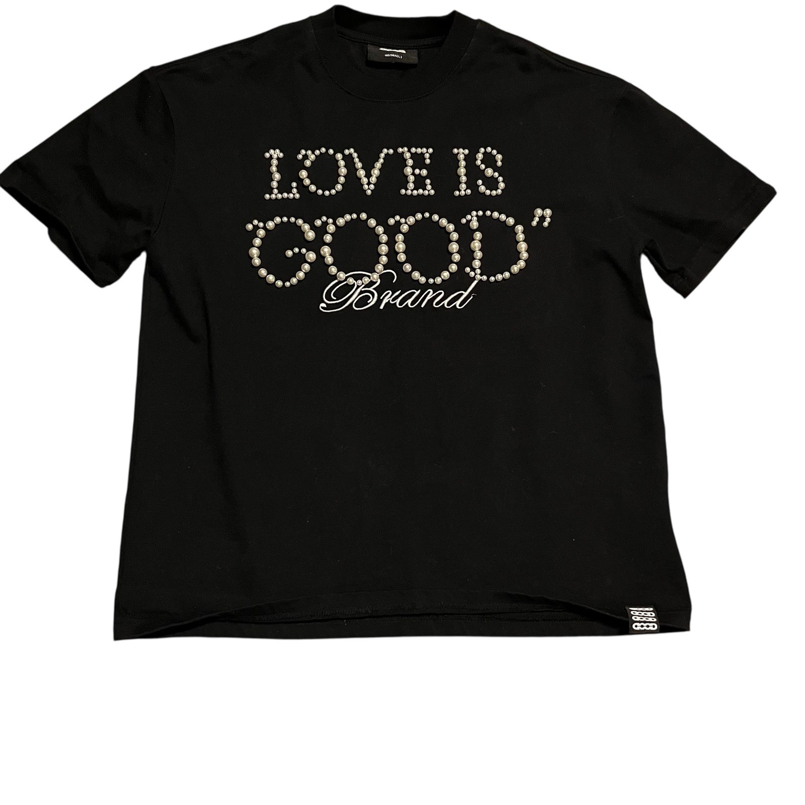 GOODBRAND “LOVE IS GOOD” 24SS Tee Mens Black Pearl Studded T-Shirt Size Large