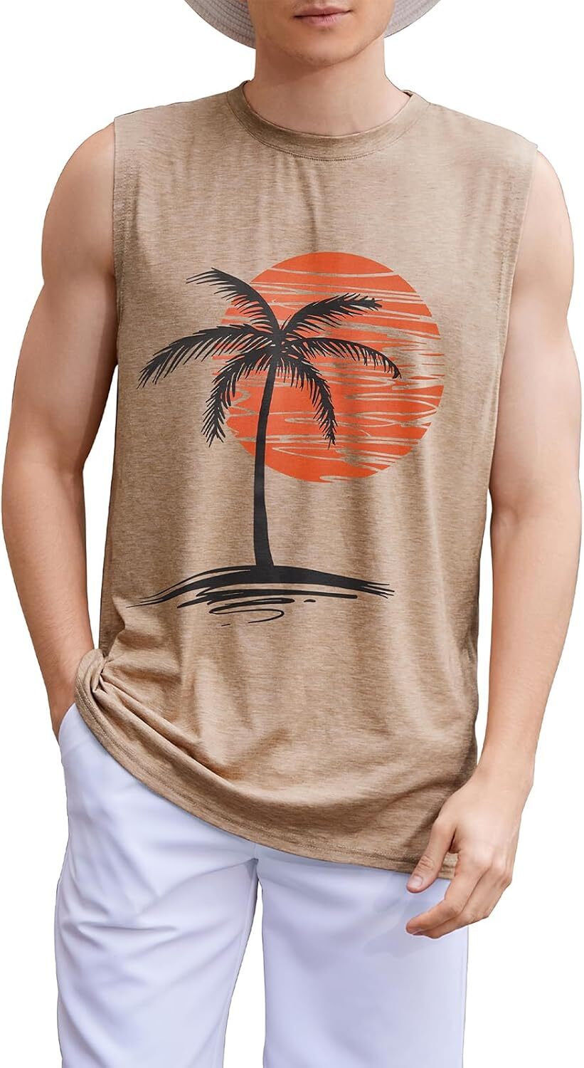 Mens Sleeveless Tank Top Summer Beach Graphic Muscle Tee Shirt Casual Hawaiian