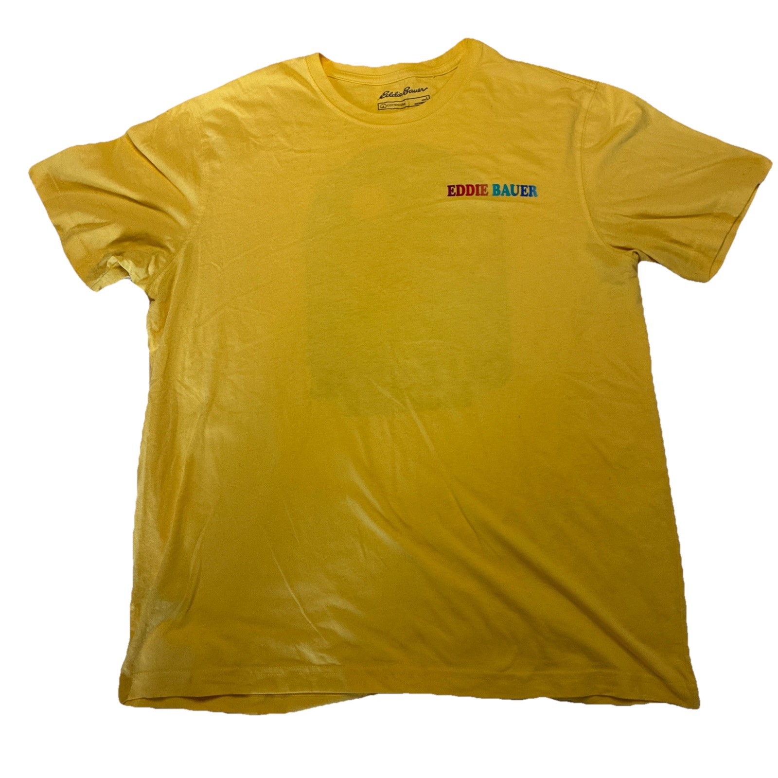 Eddie Bauer ~ Men’s Size L Yellow / Rainbow Logo Graphic Short Sleeve T-Shirt