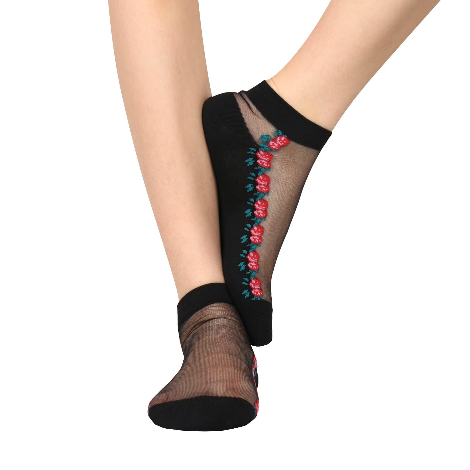 Womens Girls Black Sheer Socks Lace Mesh Ankle Socks Novelty Floral Patterned…