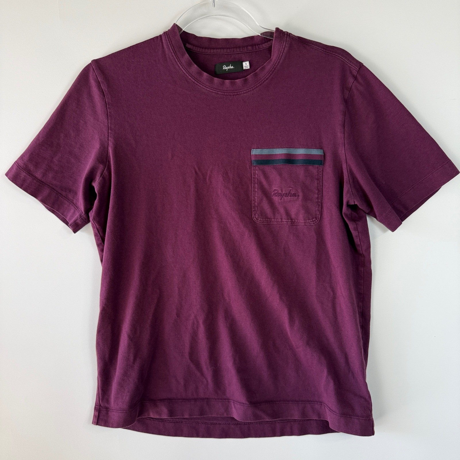 Rapha Logo Pocket T-Shirt Mens Small Burgundy Cotton Striped Trim LPK01XX