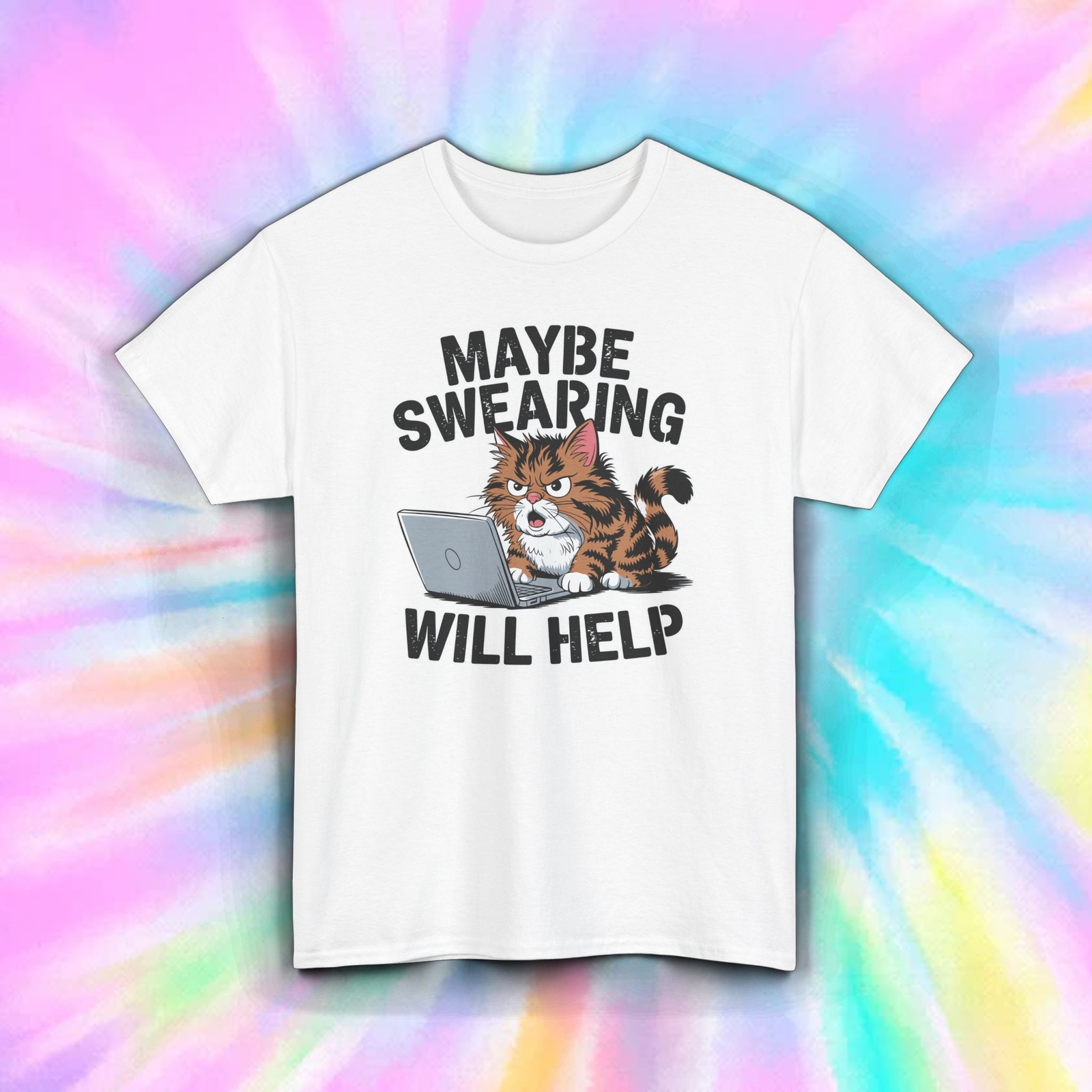 Maybe Swearing Will Help Funny Angry Cat Work Laptop Office Sarcastic Tee S-5XL