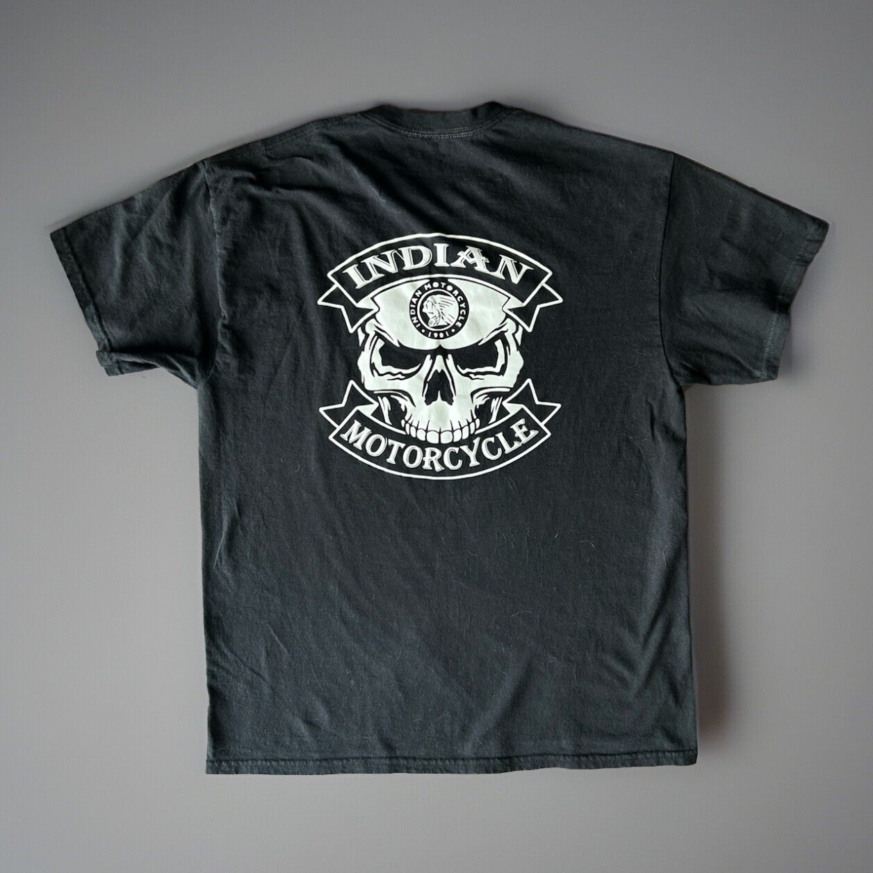 Men’s Black Indian Motorcycles Crew Neck Tshirt Skull Face Circle Logo L