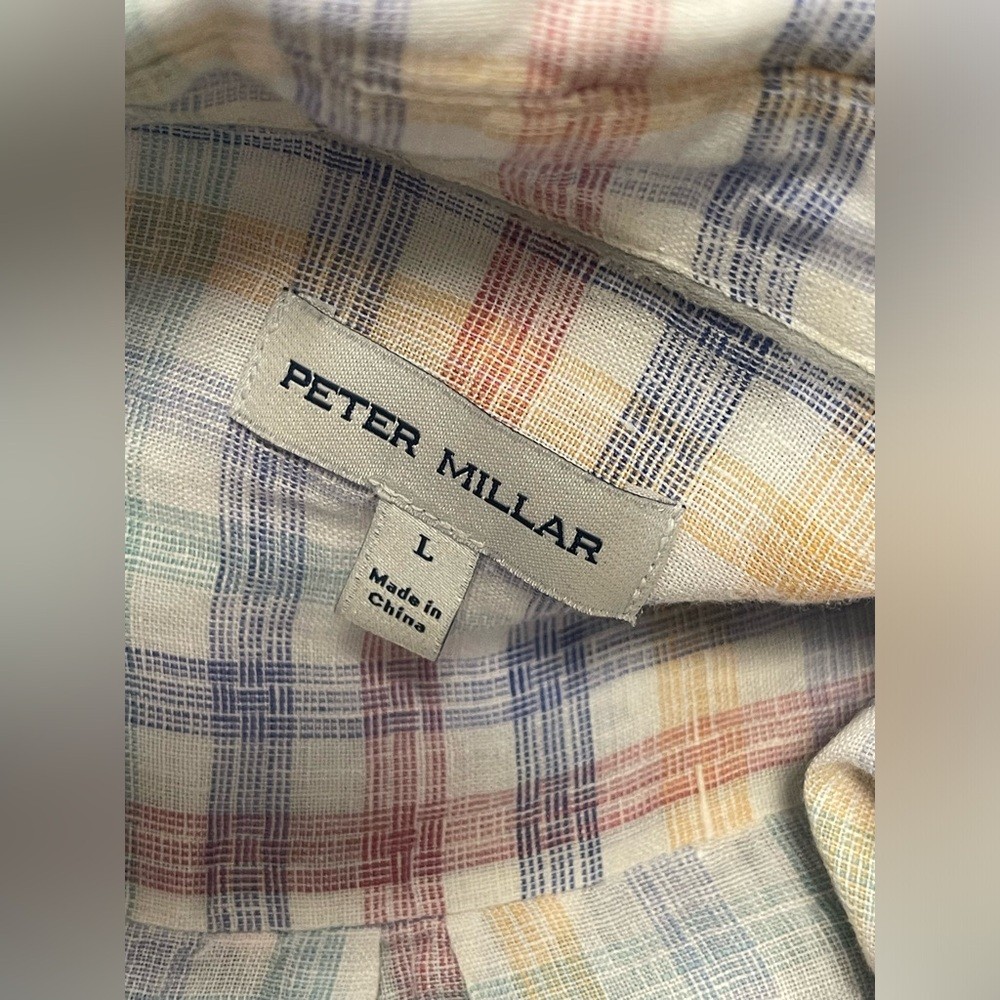 Peter Millar 100% linen striped checkered long sleeves men shirt L