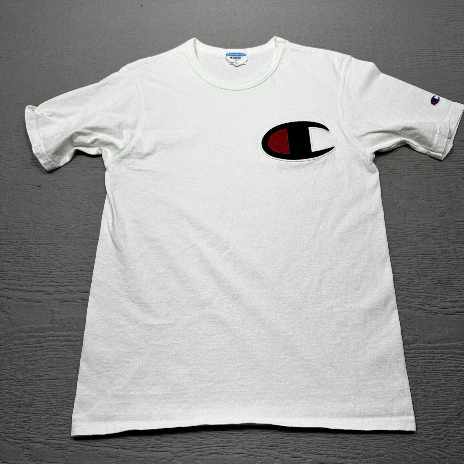 Champion Shirt Mens Medium White Patch Logo Cotton crew Neck Casual